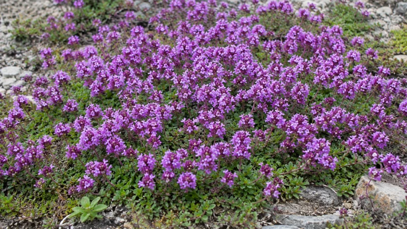 Flowering mat of wild thyme (Thymus serpyllum) with pink-purple blooms.