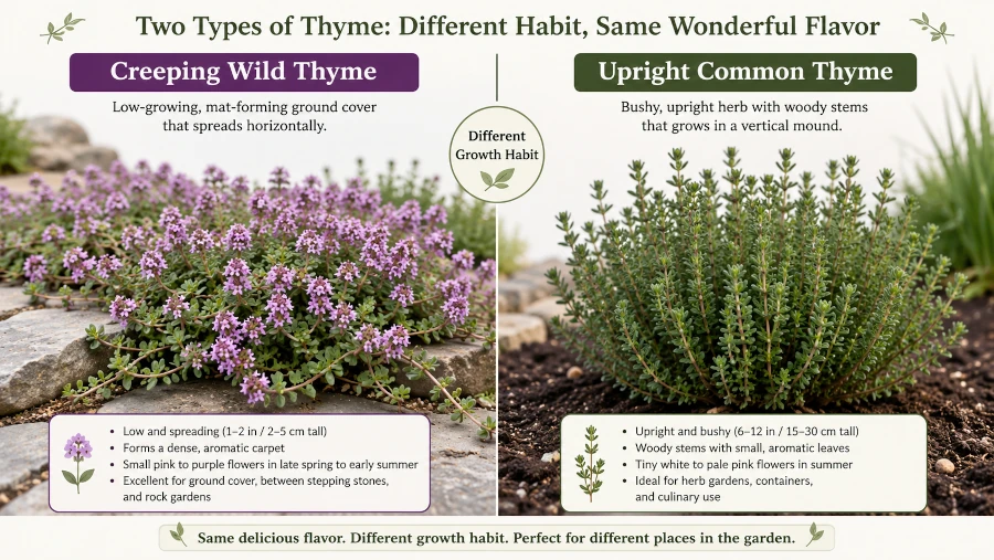 Side-by-side comparison of creeping wild thyme and upright common thyme.