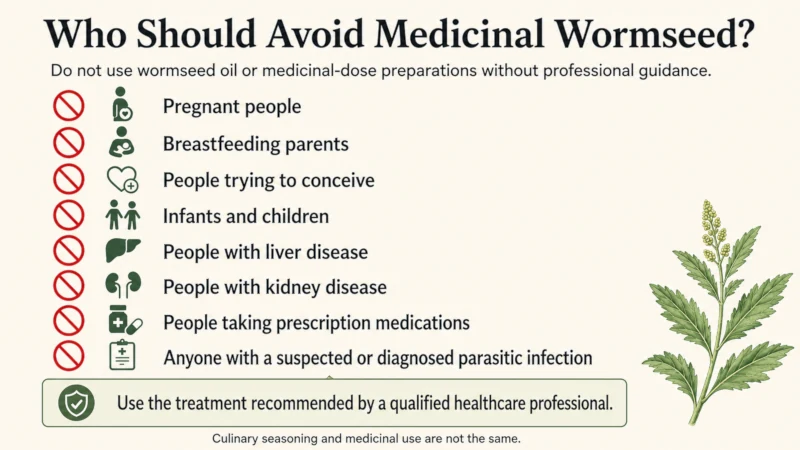 Checklist of people who should not use wormseed medicinally, including pregnant people, breastfeeding parents, and children.