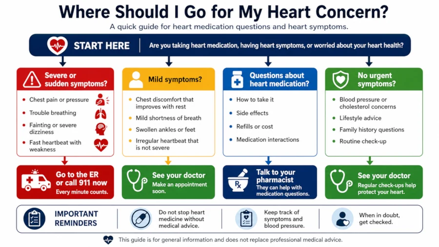 Decision flowchart guiding readers taking heart medication or noticing heart symptoms toward a doctor, pharmacist, or emergency care.