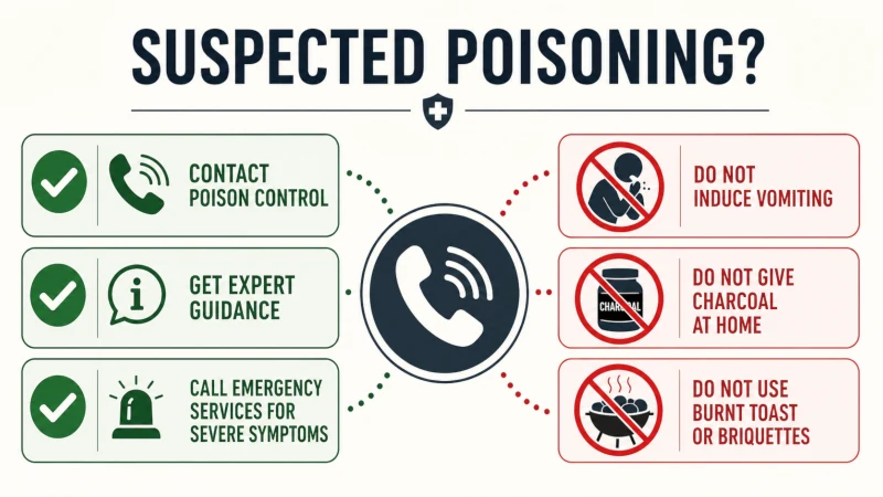 Poisoning safety infographic warning against inducing vomiting or giving activated charcoal at home