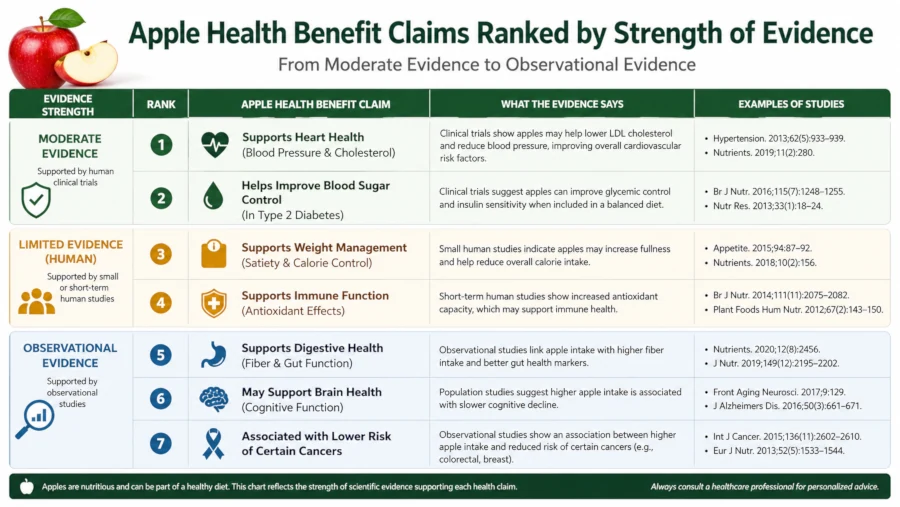 Chart ranking apple tree health benefit claims by strength of evidence, from moderate to observational.