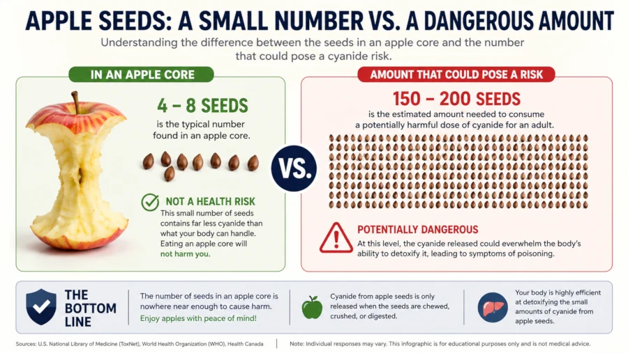Infographic comparing the small number of seeds in an apple core to the much larger number that would pose a cyanide risk.