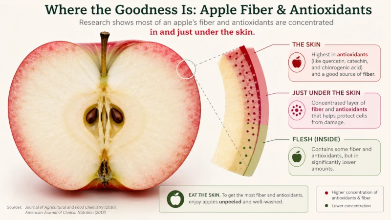 Cross-section diagram of an apple showing most fiber and antioxidants concentrated in and just under the skin.