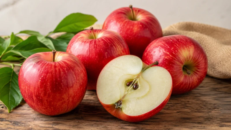 Whole red apples with skin on, one sliced open to show the flesh