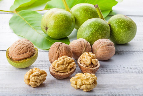 Walnuts displayed on surface