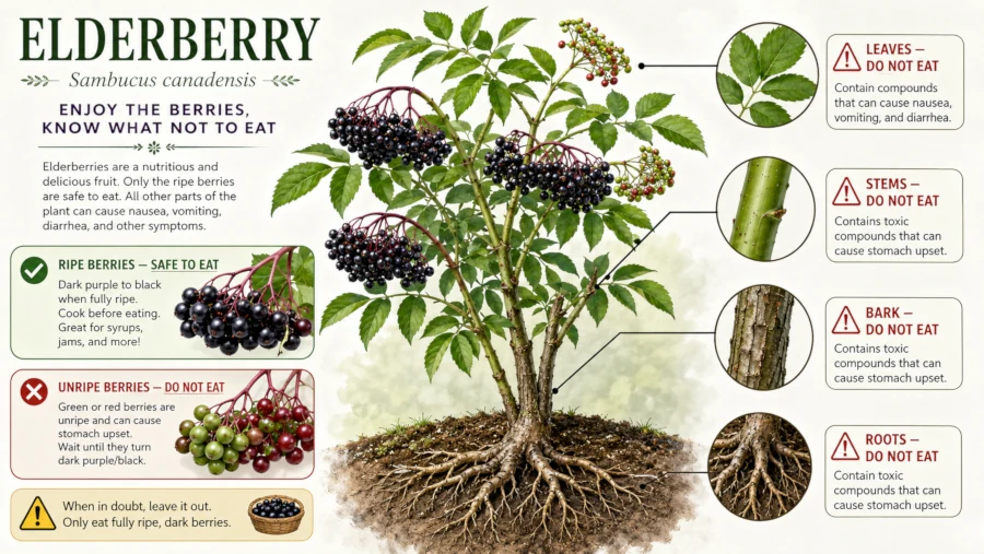 Ripe black elderberry clusters beside labels showing that leaves, stems, bark, roots, and unripe berries should not be eaten