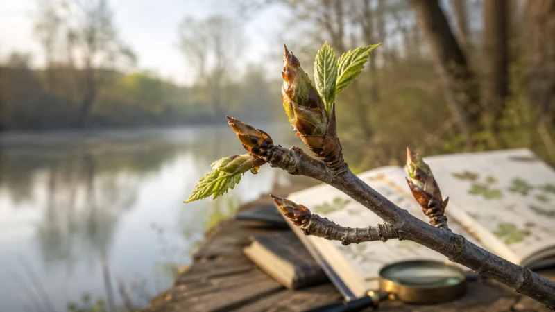 Black poplar branch with resinous spring buds and young leaves in a natural botanical setting