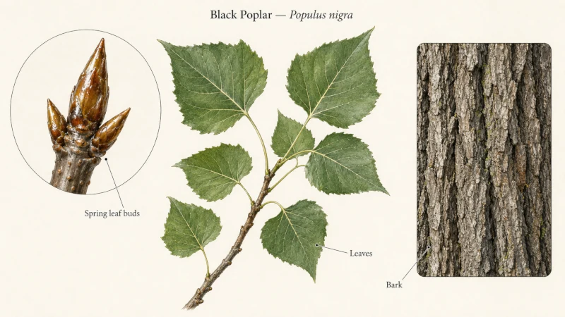 Botanical illustration of black poplar showing resinous spring buds, bark, and triangular leaves