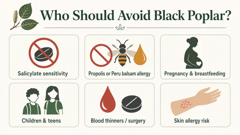 Safety infographic showing people who should avoid black poplar including those with salicylate sensitivity, pregnancy, children, and blood thinner use