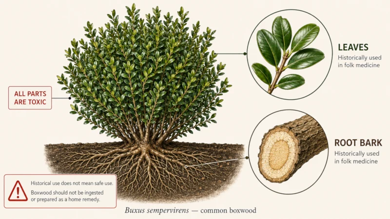 Botanical diagram of a common boxwood plant labeling the leaves and root bark historically used in folk medicine.