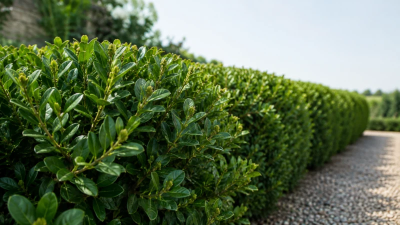 Boxwood (Buxus sempervirens) evergreen shrub with dense branches and small glossy oval leaves.