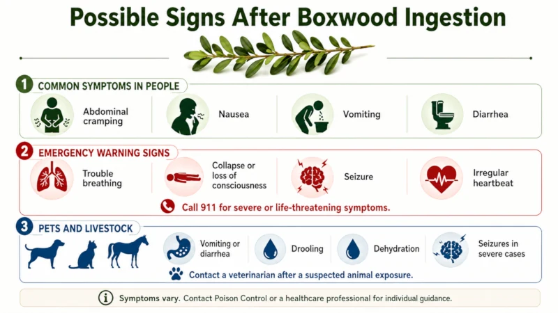 Boxwood ingestion symptom guide listing abdominal cramping, nausea, vomiting, diarrhea, and serious warning signs.