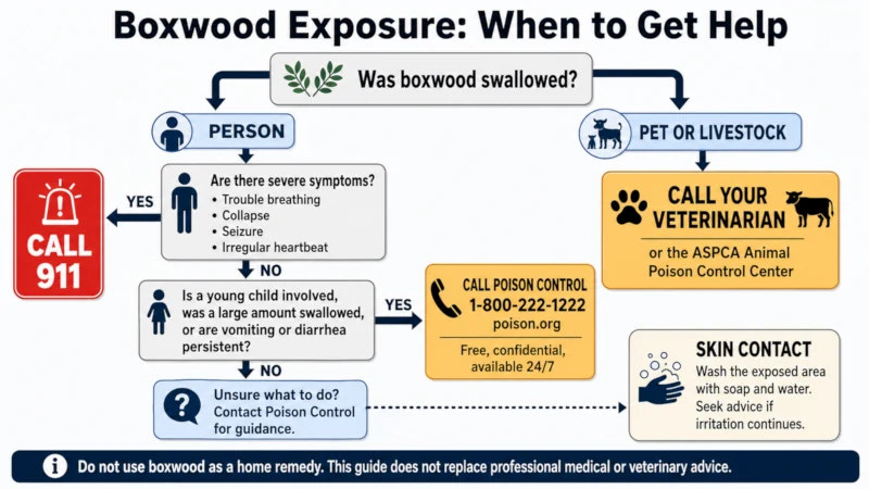 Decision guide for boxwood exposure showing when to call Poison Control, 911, or a veterinarian.