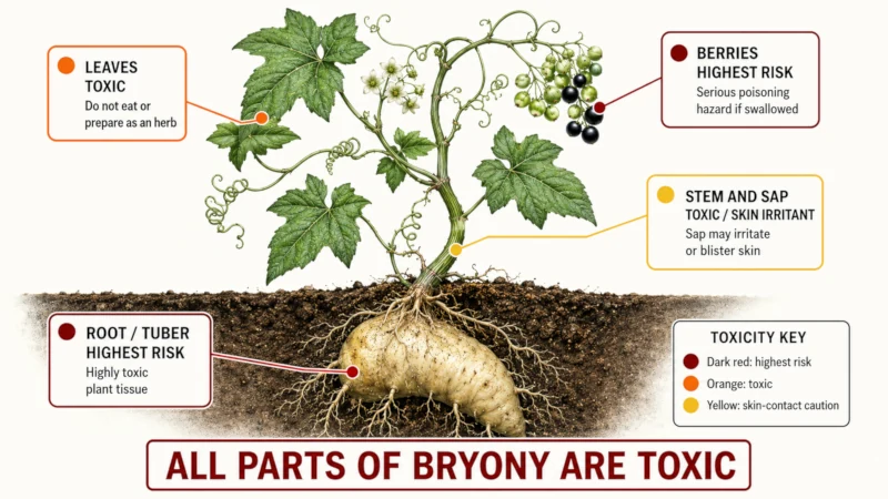Diagram labeling bryony root, berries, leaves, and stem by relative toxicity