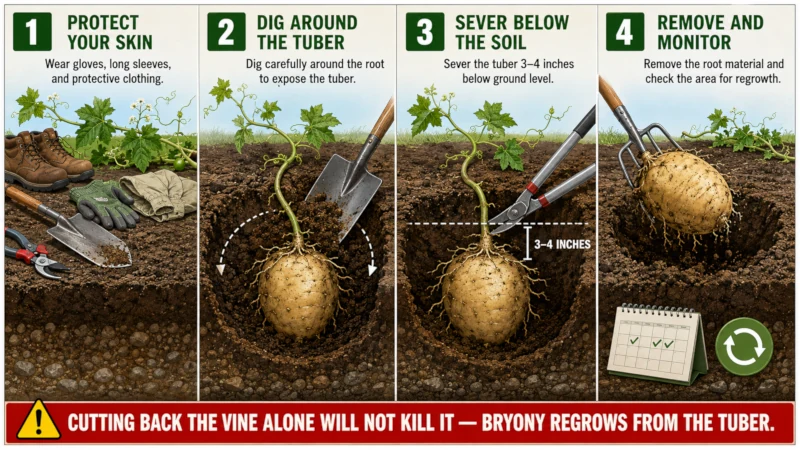 Illustration of digging around a bryony tuber and severing it four inches below soil level