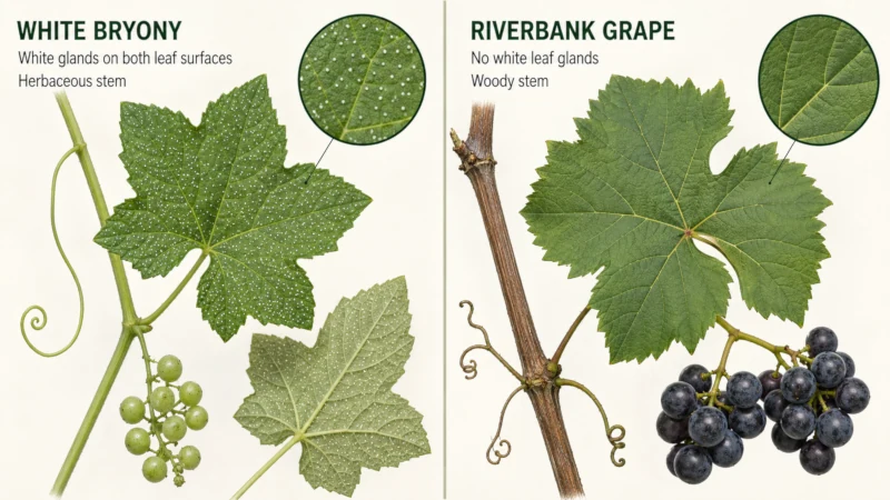 Side-by-side comparison of bryony leaves with white glands and riverbank grape leaves without them