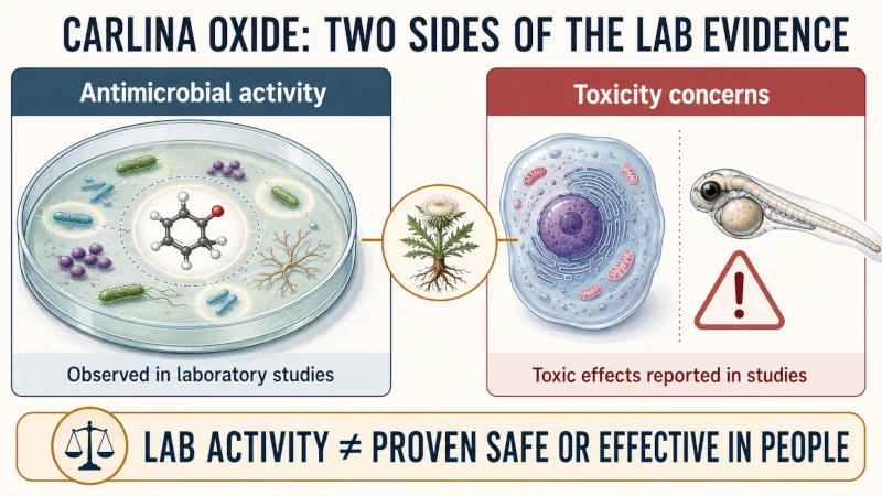 Scientific diagram showing carlina oxide from carline thistle root with laboratory antimicrobial activity and toxicity concerns.