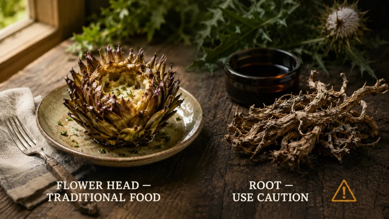 Comparison of cooked carline thistle flower head used as food and dried carline thistle root associated with traditional medicinal use.