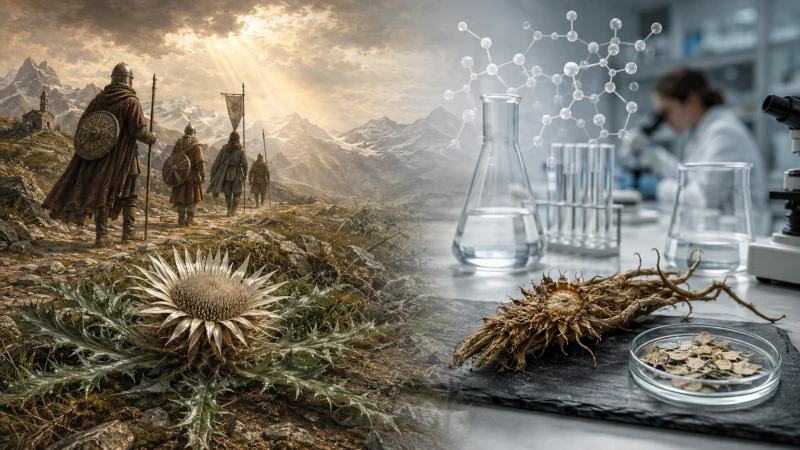 Historical illustration contrasting the medieval carline thistle plague legend with modern laboratory research.