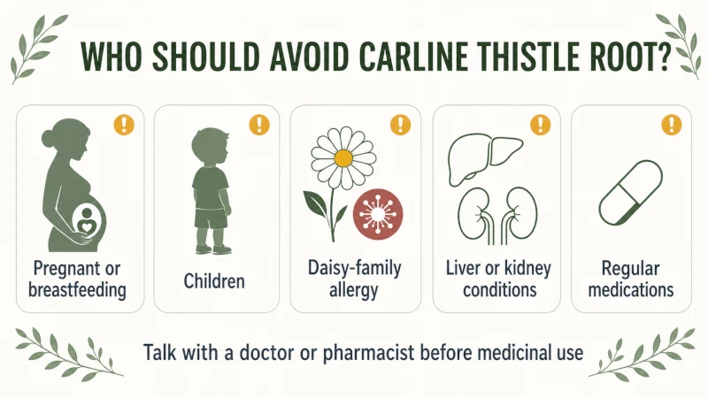 Carline thistle root safety infographic showing pregnancy, children, daisy-family allergy, liver or kidney conditions and medication use.