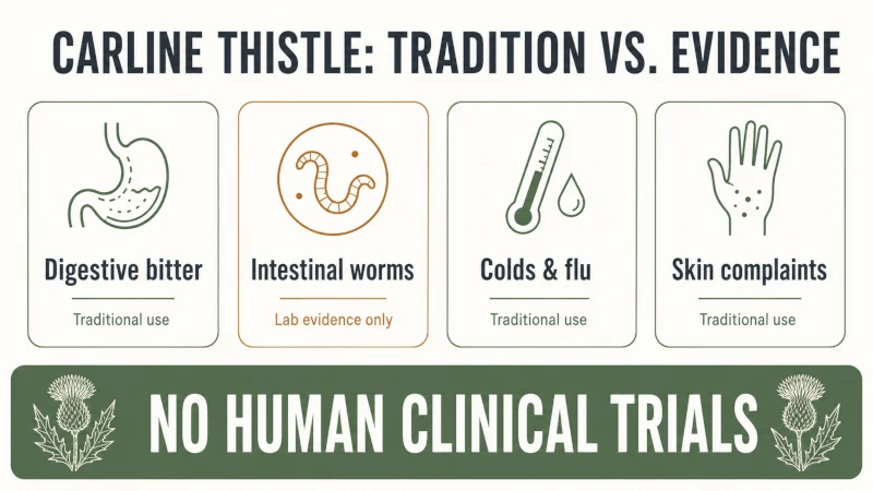 Infographic showing traditional carline thistle uses for digestion, intestinal worms, colds and skin complaints with no human clinical trial evidence.