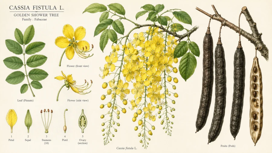 Botanical illustration of Cassia fistula leaves, flowers, and seed pods