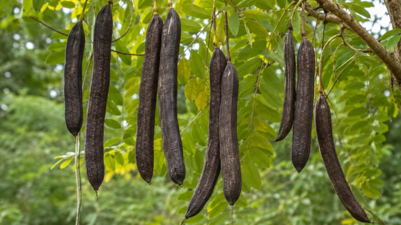 Long dark brown fruit pods hanging from a Cassia fistula tree