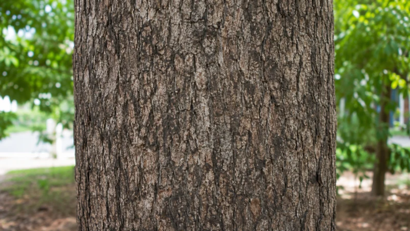 Gray-brown bark on the trunk of a mature Cassia fistula tree