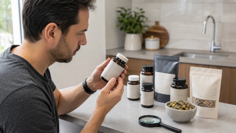 Consumer inspecting the packaging and seal of an herbal supplement container.