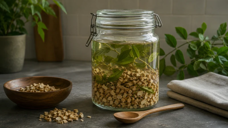 Chopped herbs soaking in a covered glass jar for a cold-water herbal extraction.