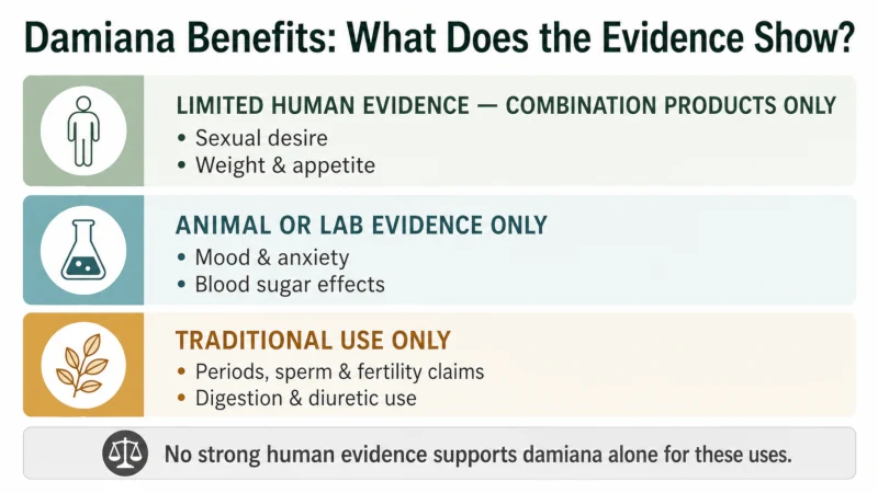 Infographic comparing the strength of evidence for damiana claims including sexual desire, mood, blood sugar, weight, fertility, and digestion.