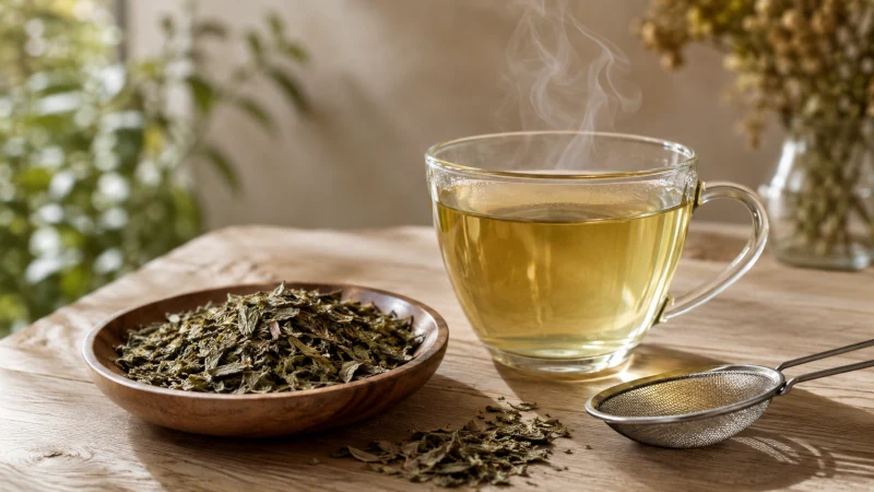 Dried damiana leaves beside a clear cup of pale golden herbal tea and a tea strainer.