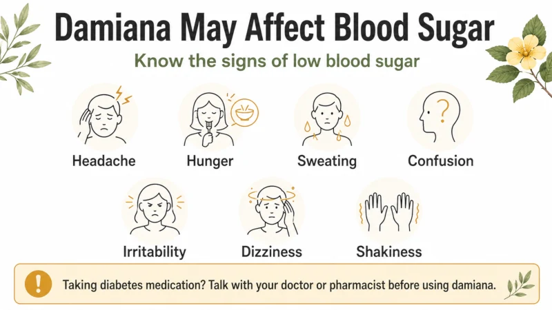 Infographic listing possible low blood sugar warning signs including headache, hunger, sweating, confusion, irritability, dizziness, and shakiness.
