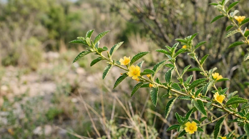 Damiana plant (Turnera diffusa) with green toothed leaves and small yellow flowers.