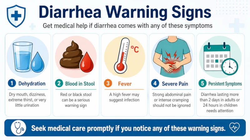 Diarrhea warning signs including dehydration, blood, fever, pain, and persistent symptoms
