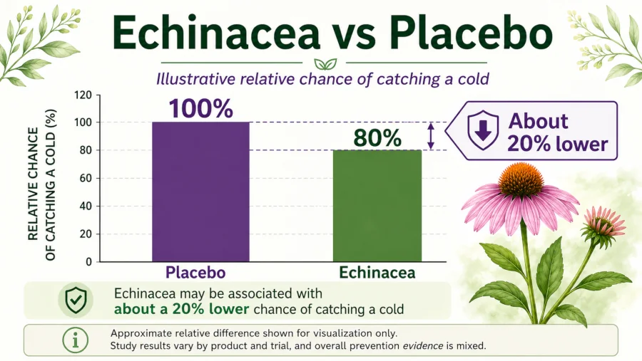 Bar graphic showing about a one-fifth lower chance of catching a cold with echinacea versus placebo.