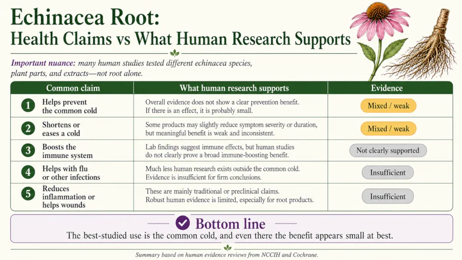 Chart comparing echinacea root health claims with what human research supports.