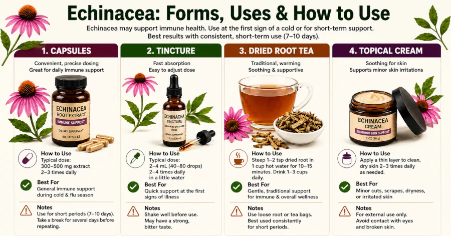 Echinacea capsules, tincture, dried root tea, and topical cream with usage notes.