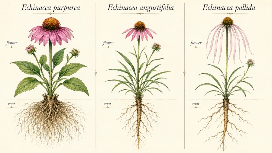 Side-by-side of Echinacea purpurea, angustifolia, and pallida flowers and roots.
