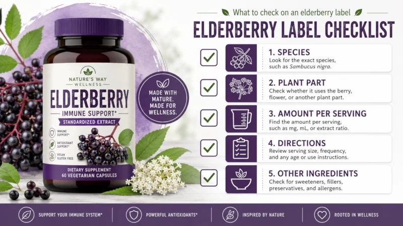Checklist highlighting species, plant part, amount per serving, directions, and other ingredients on an elderberry label