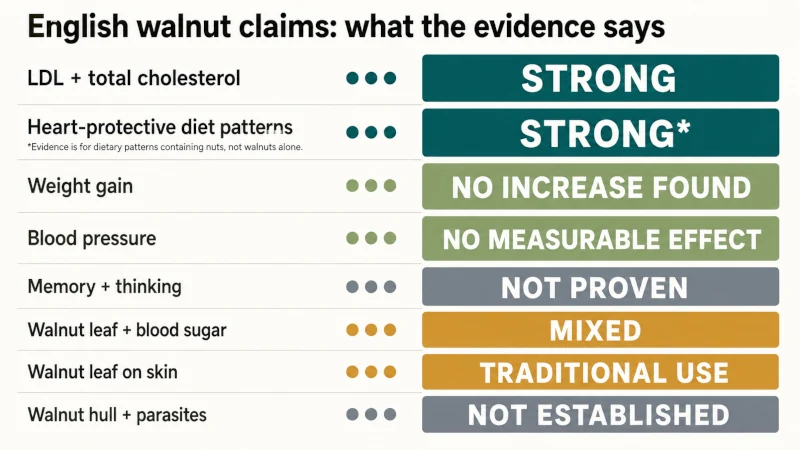 Evidence chart comparing research support for cholesterol, heart health, weight, blood pressure, memory, blood sugar and walnut leaf claims