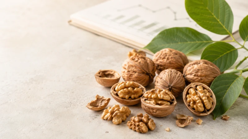 English walnuts with cracked shells and green walnut leaves representing research-backed walnut health benefits