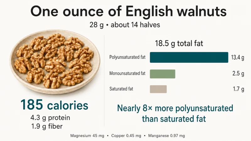 One ounce of English walnuts showing 185 calories and their polyunsaturated, monounsaturated and saturated fat content