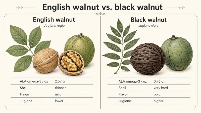 English walnut and black walnut compared by shell, leaf, flavor, omega-3 ALA and juglone production