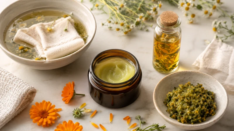 Herbal ointment, massage oil, compress cloth, and dried herbs prepared for external use.