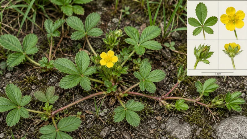 Creeping five finger grass with five-part leaves, runners, and a yellow five-petaled flower