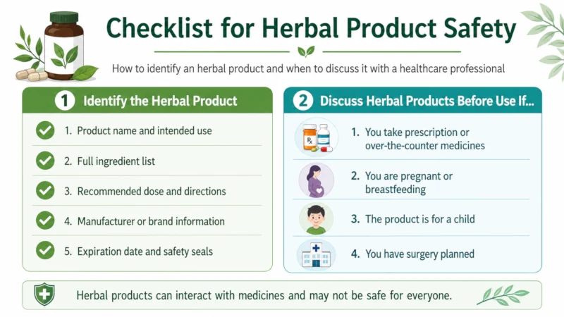 Checklist for identifying an herbal product and discussing medicines, pregnancy, children, and surgery