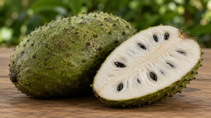 A whole ripe guanabana beside a cut fruit showing white pulp and dark seeds
