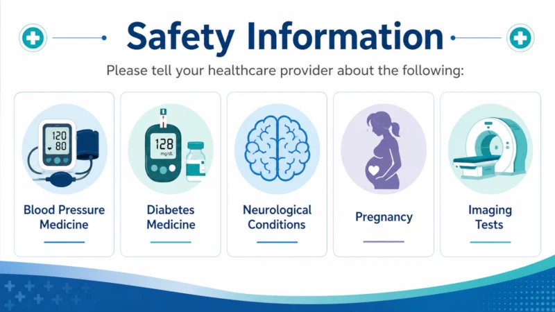 Safety graphic listing blood pressure medicine, diabetes medicine, neurological conditions, pregnancy, and imaging tests